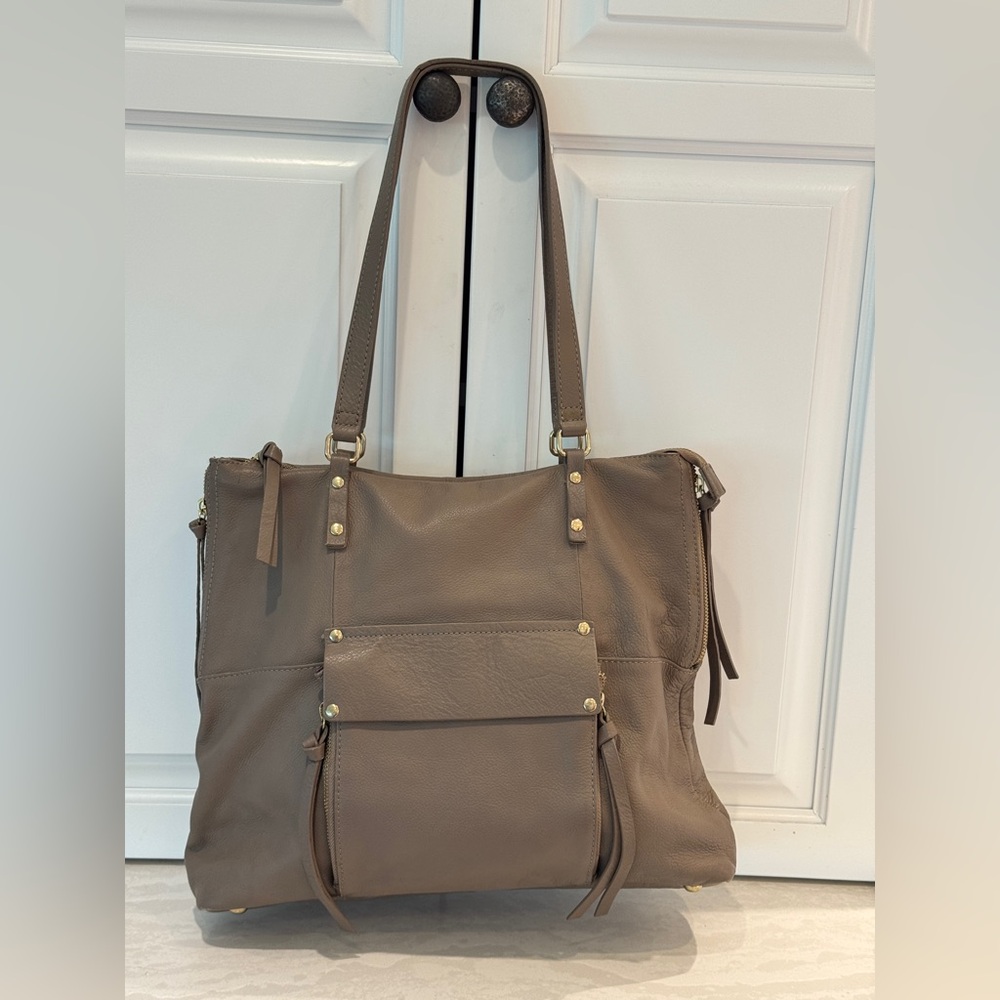 Kooba Taupe Leather Tote with Front Pocket and Gold Hardware